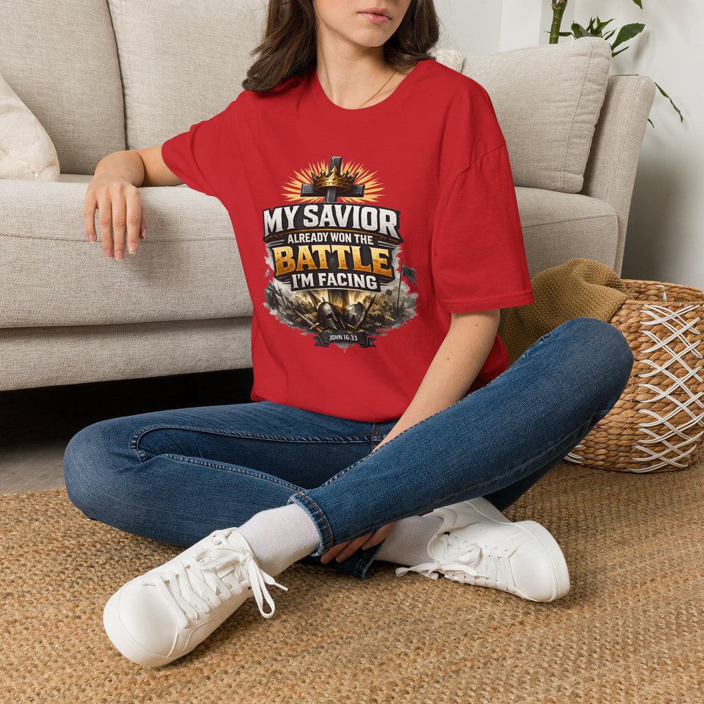 Christian Graphic T-Shirt – "My Savior Already Won the Battle I'm Facing" Faith Crest Tee