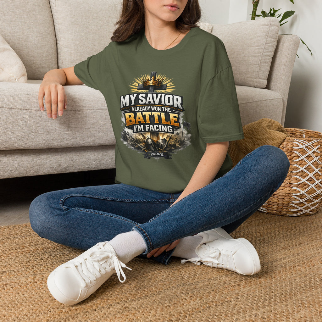 Christian Graphic T-Shirt – "My Savior Already Won the Battle I'm Facing" Faith Crest Tee