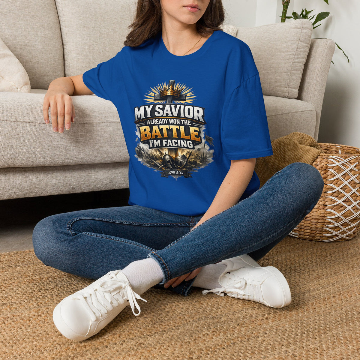 Christian Graphic T-Shirt – "My Savior Already Won the Battle I'm Facing" Faith Crest Tee