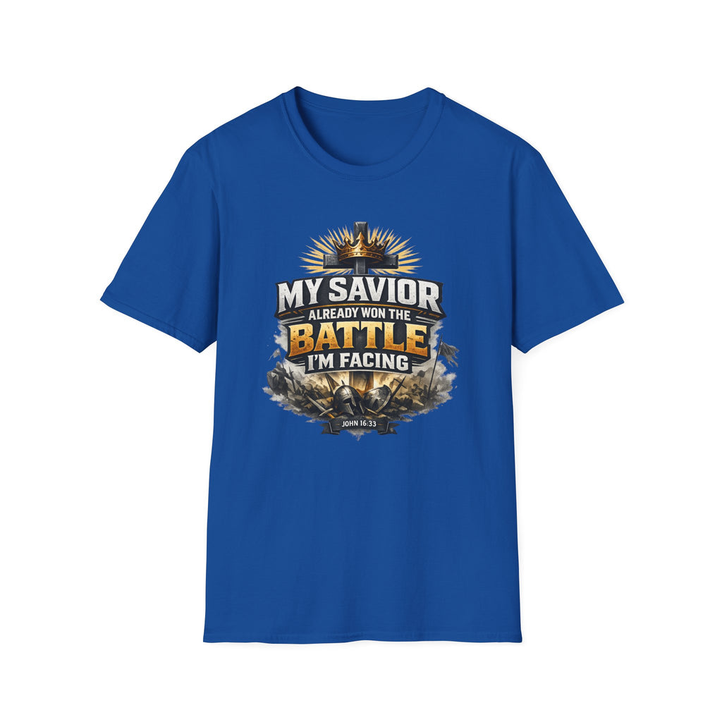 Christian Graphic T-Shirt – "My Savior Already Won the Battle I'm Facing" Faith Crest Tee