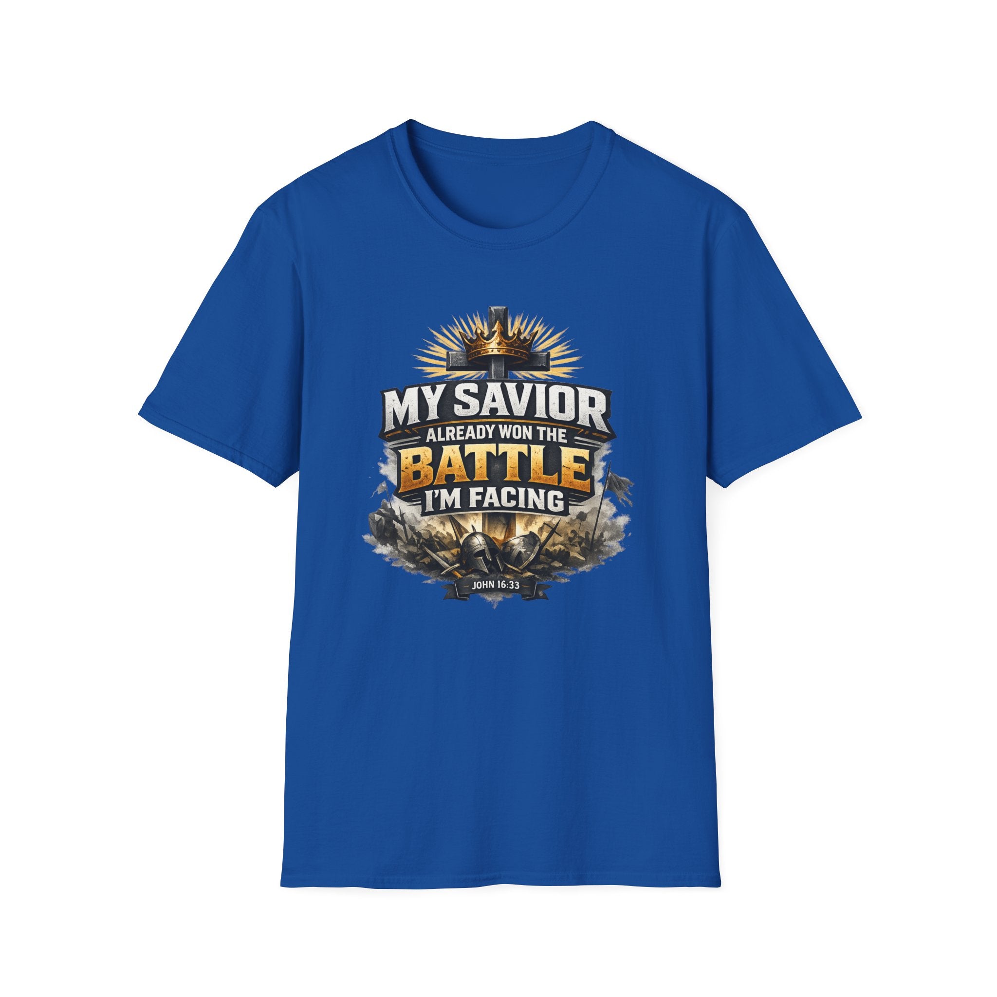 Christian Graphic T-Shirt – "My Savior Already Won the Battle I'm Facing" Faith Crest Tee