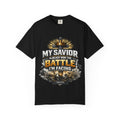 Christian Faith T-Shirt – "My Savior Already Won the Battle I'm Facing" Garment-Dyed Graphic Tee