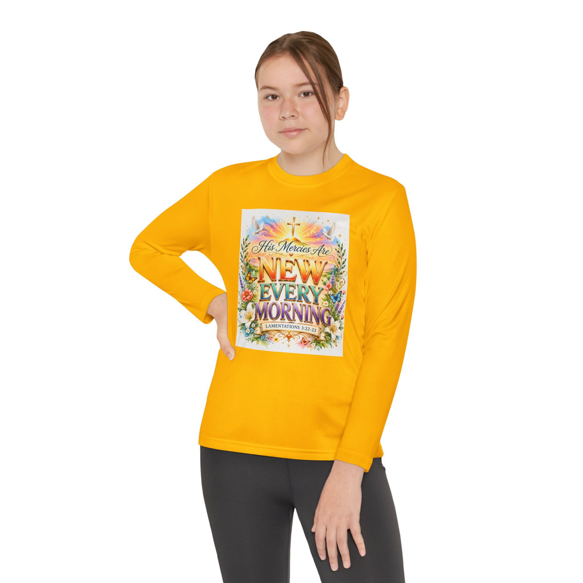 Christian Kids Long Sleeve T-Shirt – "His Mercies Are New Every Morning" Floral Inspirational Youth Tee