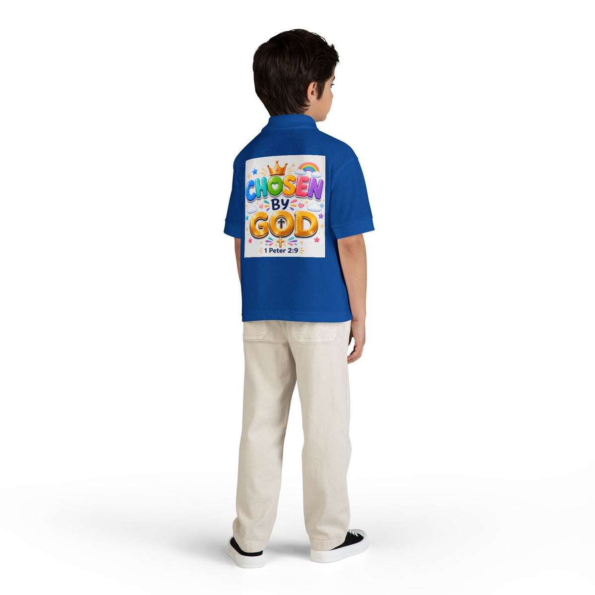 Christian Kids Polo Shirt – "Chosen by God" 1 Peter 2:9 Youth Scripture Tee