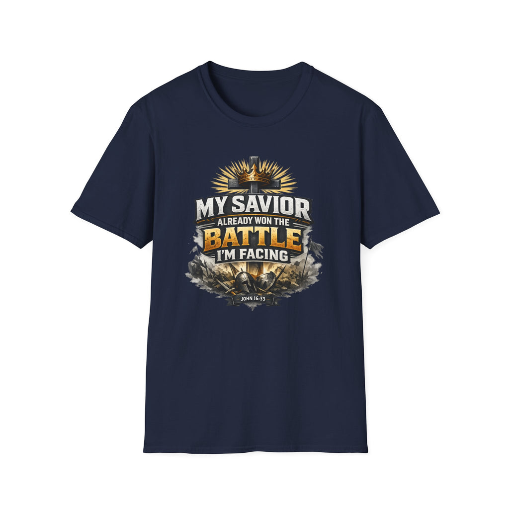 Christian Graphic T-Shirt – "My Savior Already Won the Battle I'm Facing" Faith Crest Tee