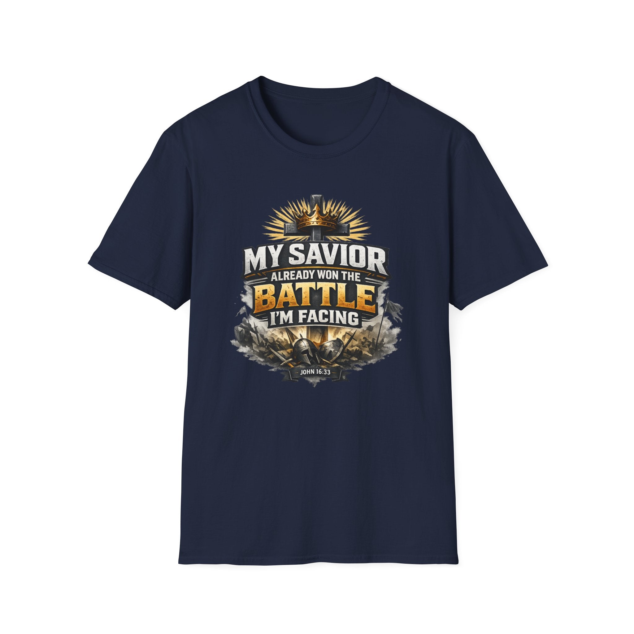 Christian Graphic T-Shirt – "My Savior Already Won the Battle I'm Facing" Faith Crest Tee