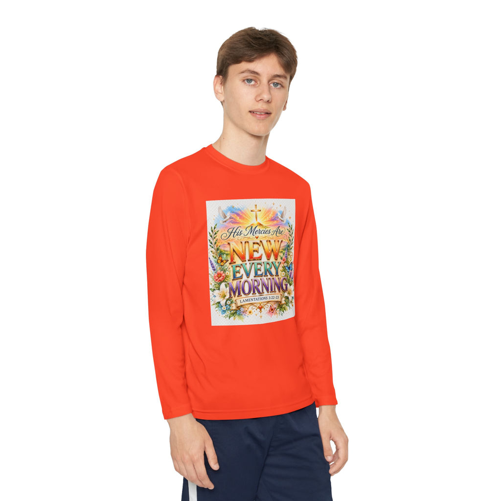 Christian Kids Long Sleeve T-Shirt – "His Mercies Are New Every Morning" Floral Inspirational Youth Tee