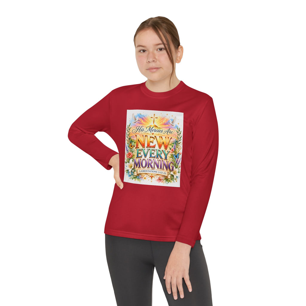 Christian Kids Long Sleeve T-Shirt – "His Mercies Are New Every Morning" Floral Inspirational Youth Tee