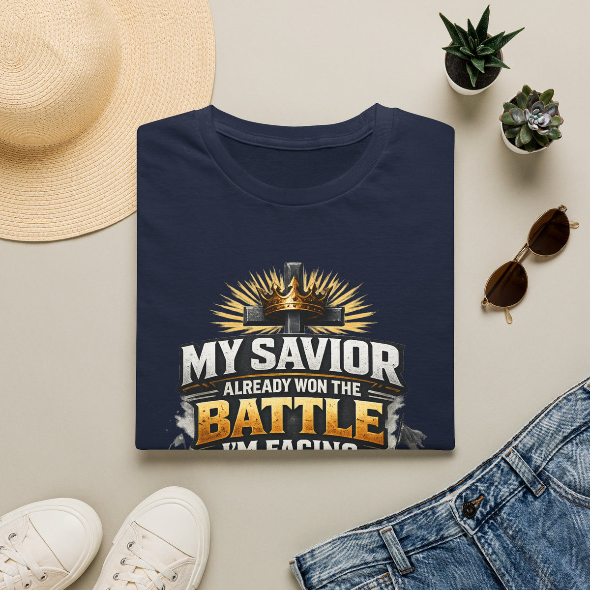 Christian Graphic T-Shirt – "My Savior Already Won the Battle I'm Facing" Faith Crest Tee