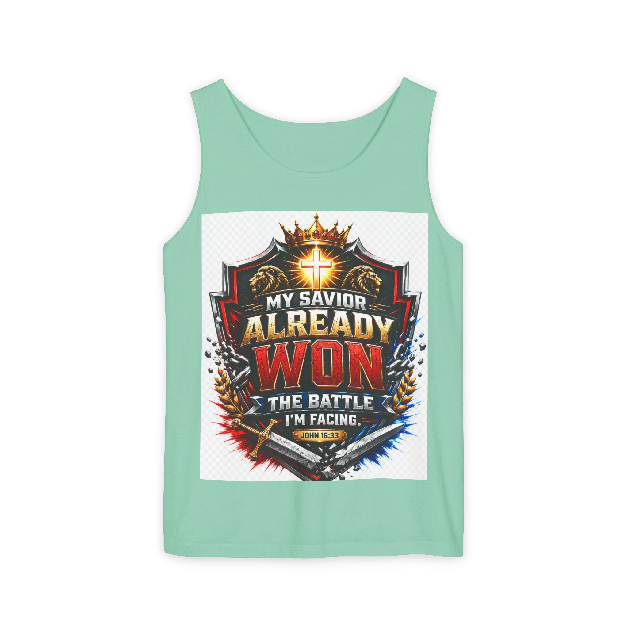 Christian Faith Tank Top — "My Savior Already Won the Battle I'm Facing" Graphic