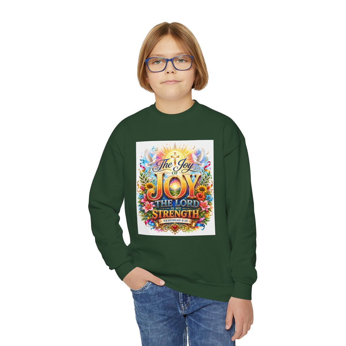 Christian Kids Crewneck Sweatshirt – "The Joy of the Lord Is My Strength" Colorful Floral Faith Pullover
