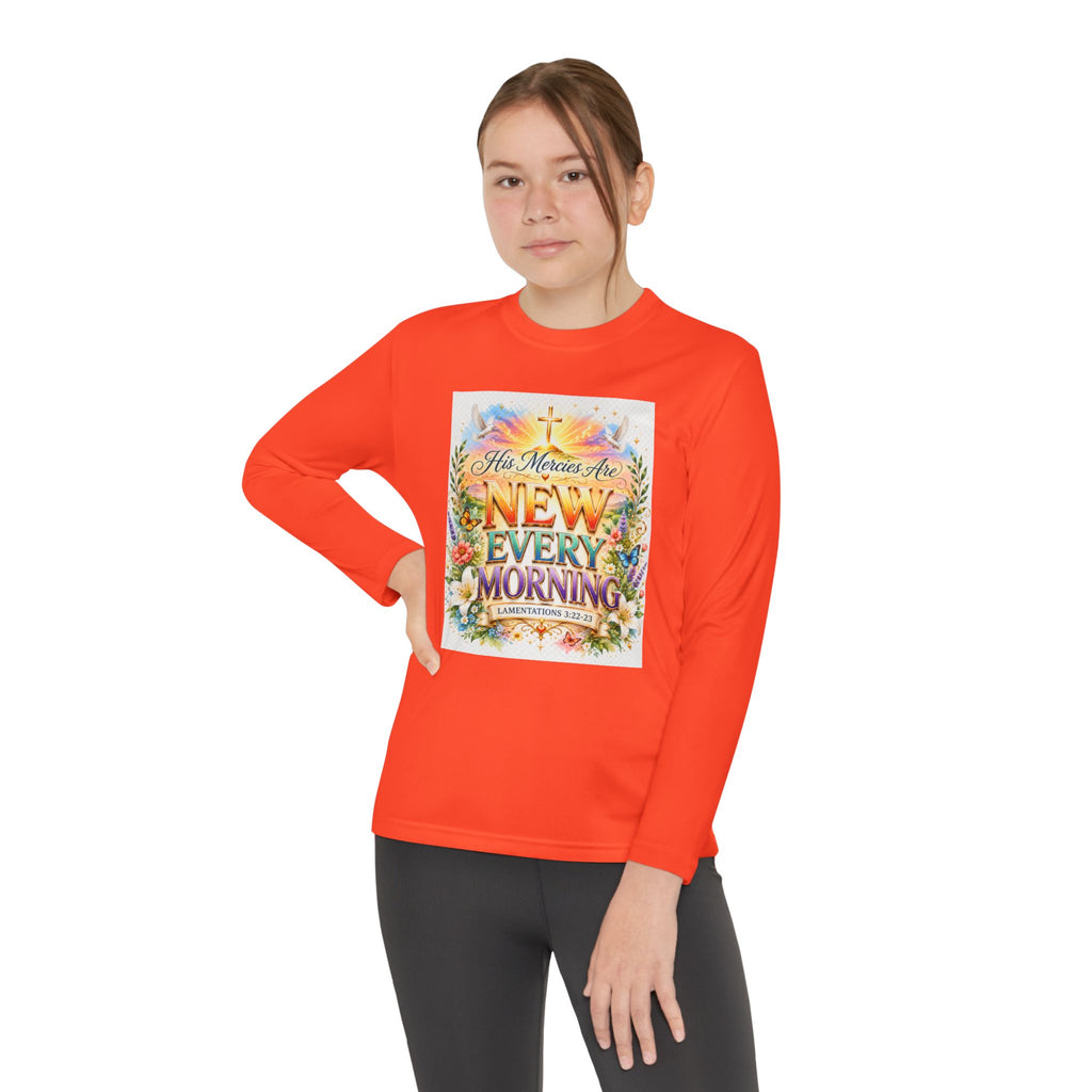 Christian Kids Long Sleeve T-Shirt – "His Mercies Are New Every Morning" Floral Inspirational Youth Tee