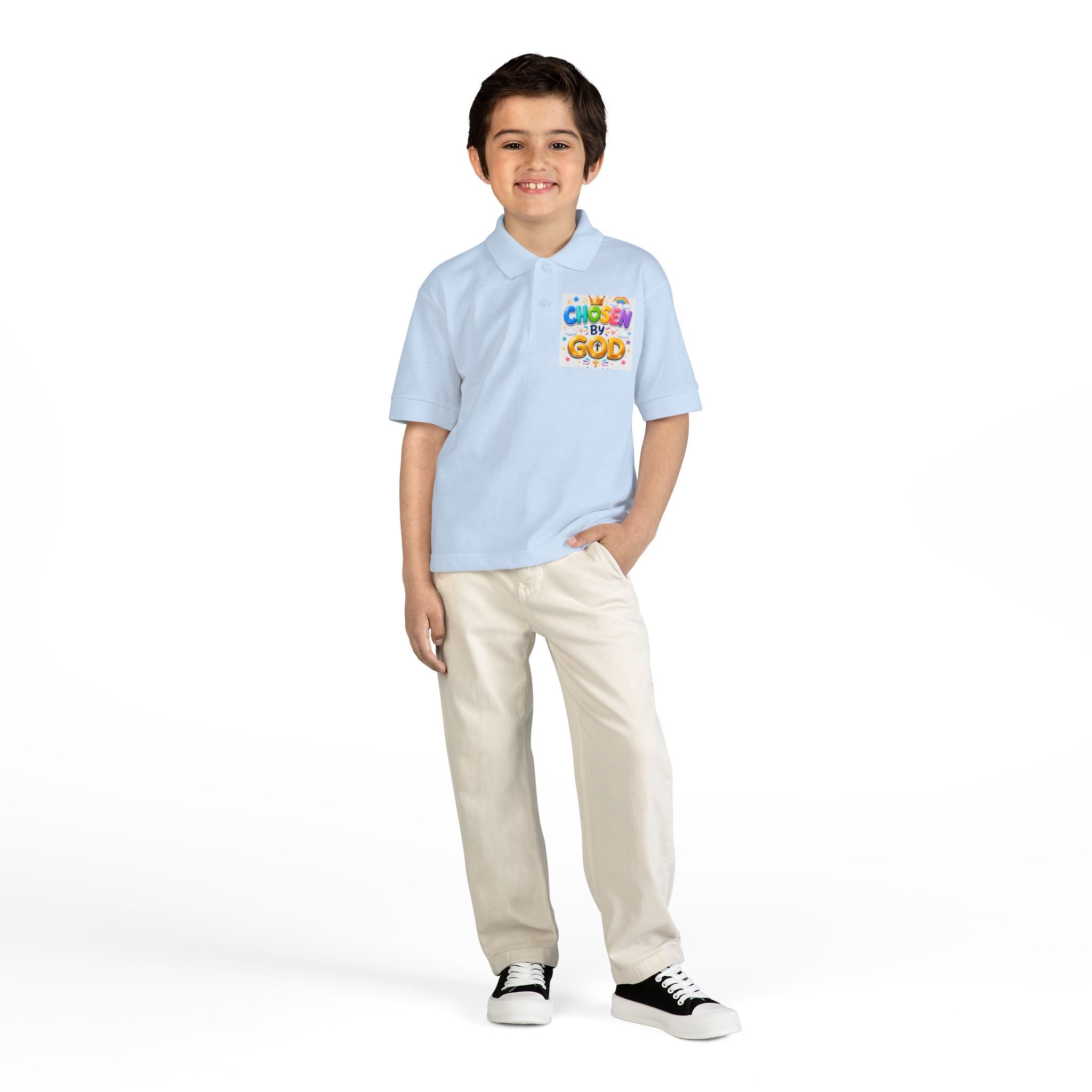 Christian Kids Polo Shirt – "Chosen by God" 1 Peter 2:9 Youth Scripture Tee