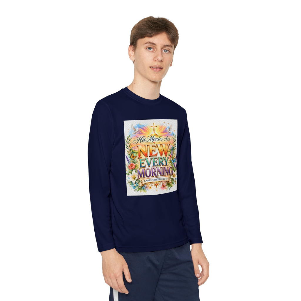 Christian Kids Long Sleeve T-Shirt – "His Mercies Are New Every Morning" Floral Inspirational Youth Tee