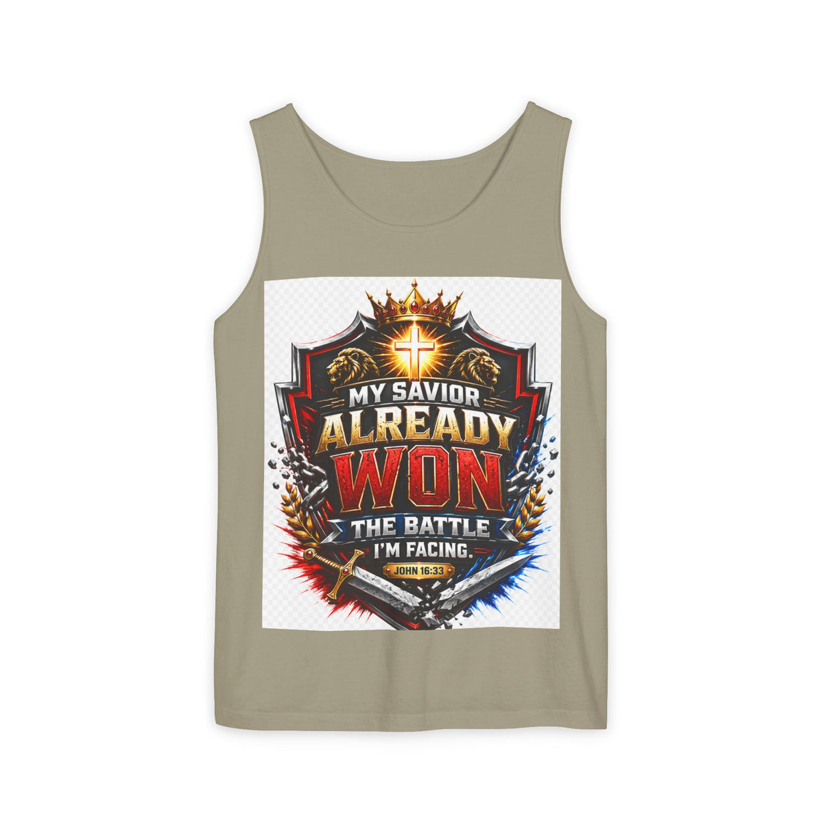 Christian Faith Tank Top — "My Savior Already Won the Battle I'm Facing" Graphic