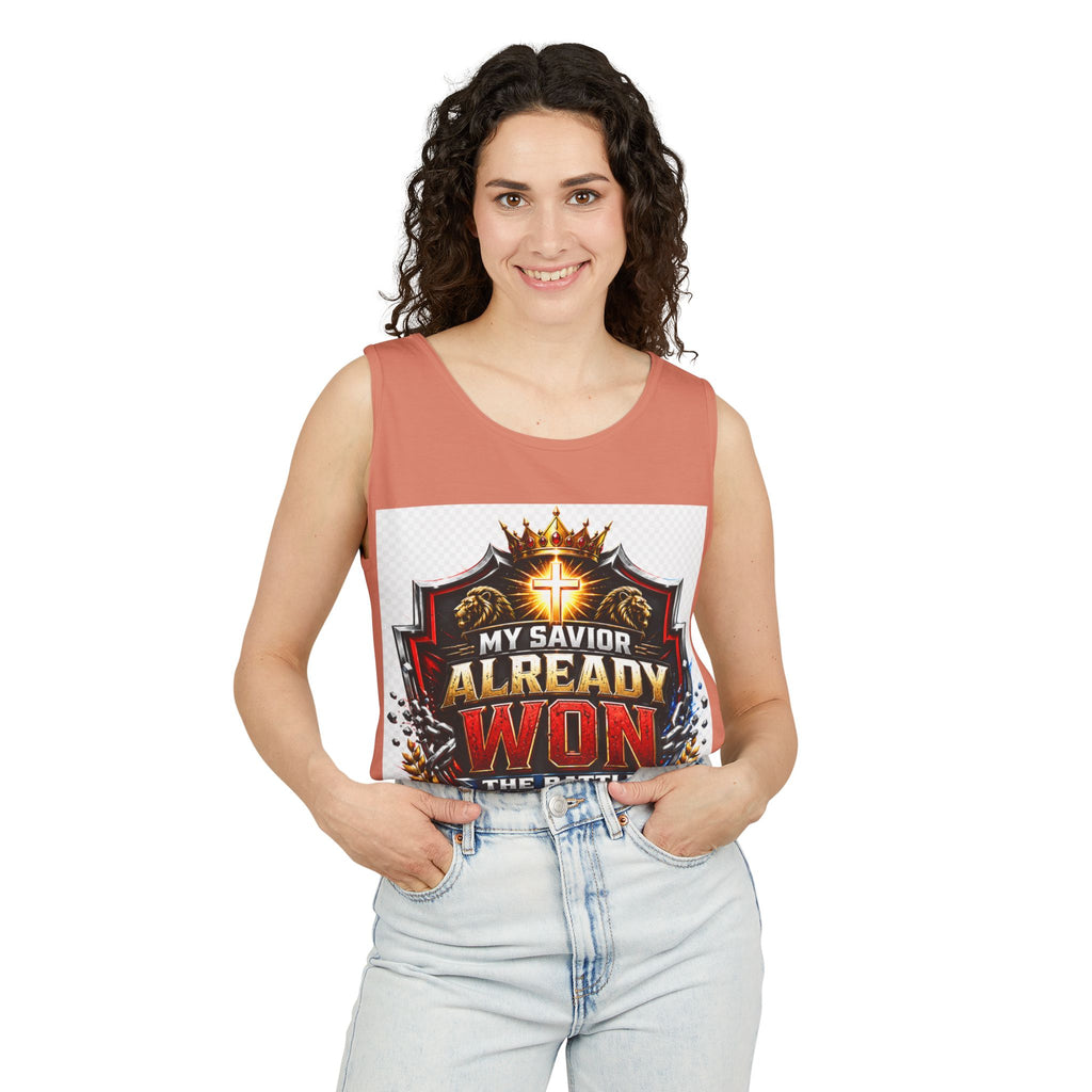 Christian Faith Tank Top — "My Savior Already Won the Battle I'm Facing" Graphic