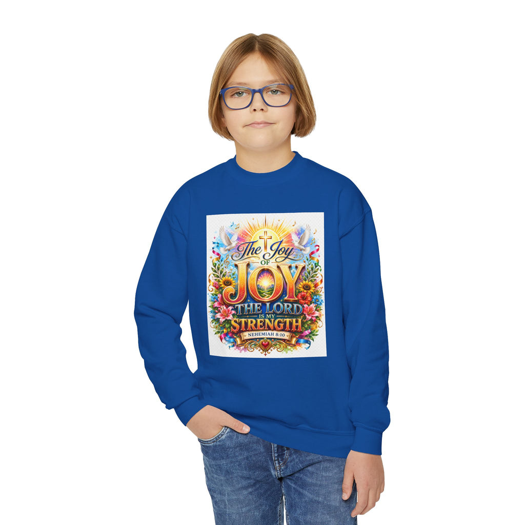 Christian Kids Crewneck Sweatshirt – "The Joy of the Lord Is My Strength" Colorful Floral Faith Pullover