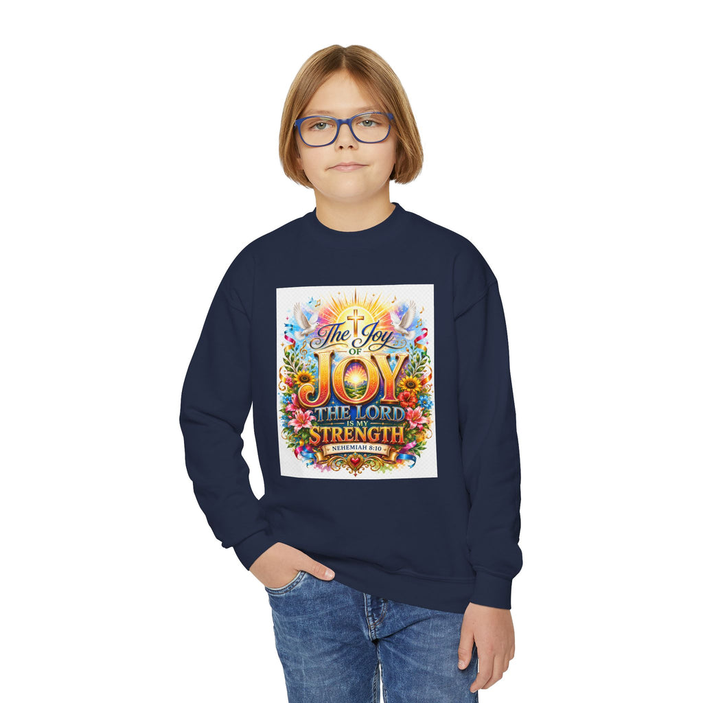 Christian Kids Crewneck Sweatshirt – "The Joy of the Lord Is My Strength" Colorful Floral Faith Pullover