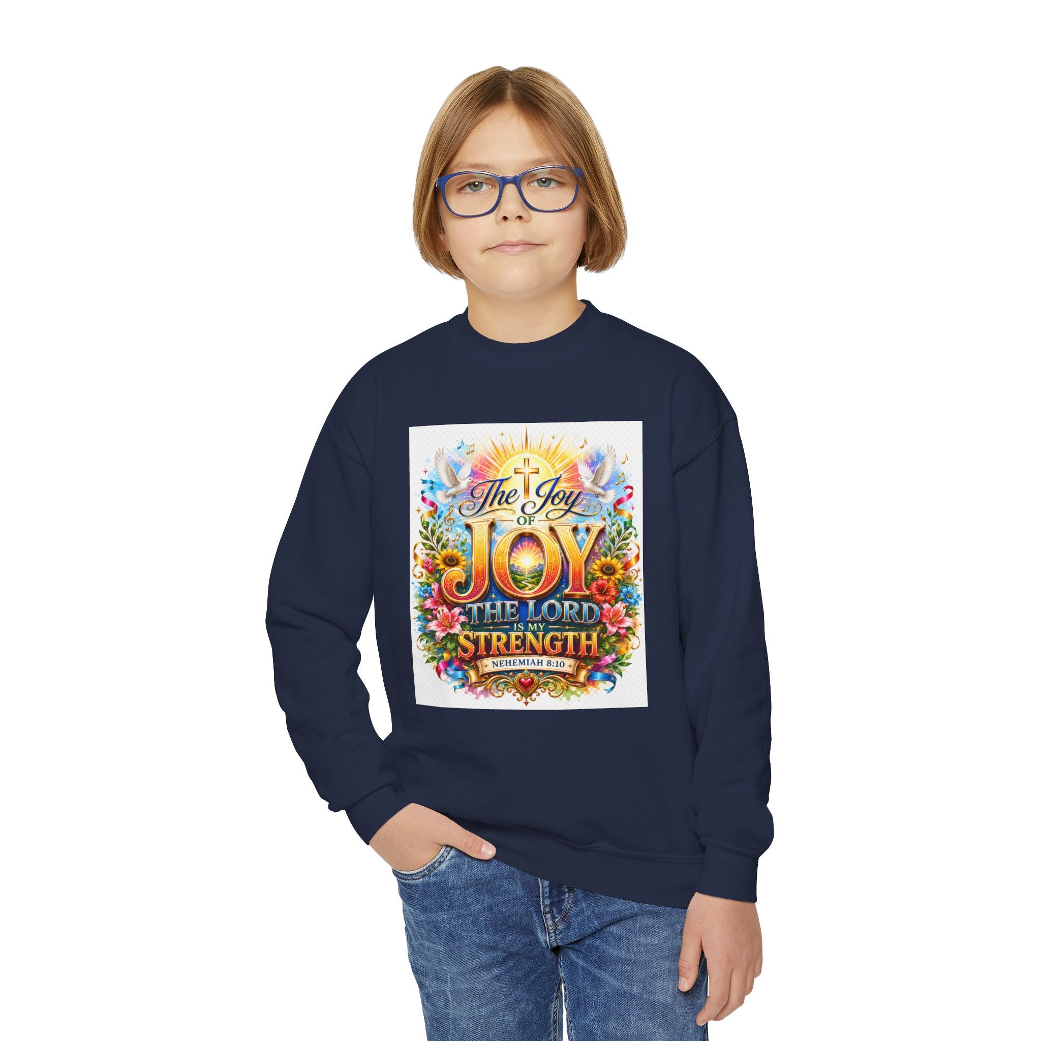 Christian Kids Crewneck Sweatshirt – "The Joy of the Lord Is My Strength" Colorful Floral Faith Pullover