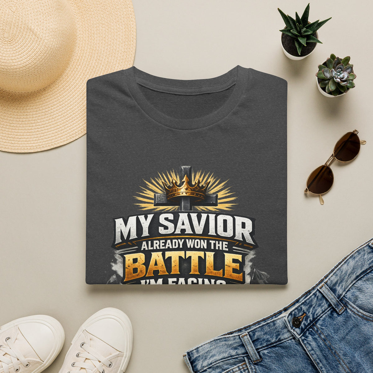 Christian Graphic T-Shirt – "My Savior Already Won the Battle I'm Facing" Faith Crest Tee