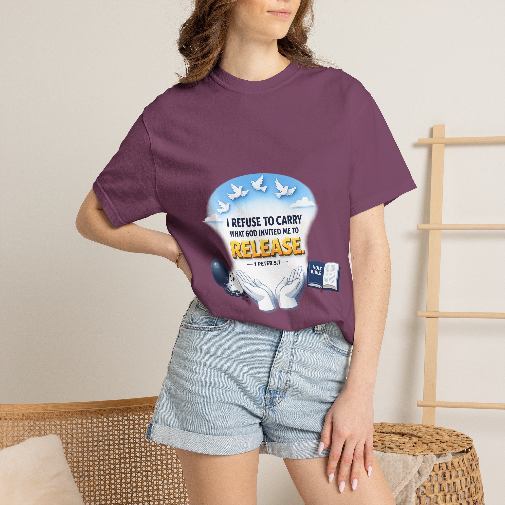 Christian Faith T-Shirt – "I Refuse to Carry What God Invited Me to Release" 1 Peter 5:7 Graphic Tee