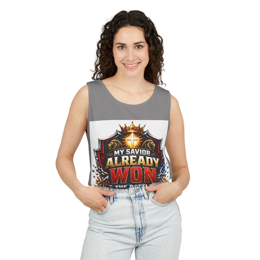 Christian Faith Tank Top — "My Savior Already Won the Battle I'm Facing" Graphic