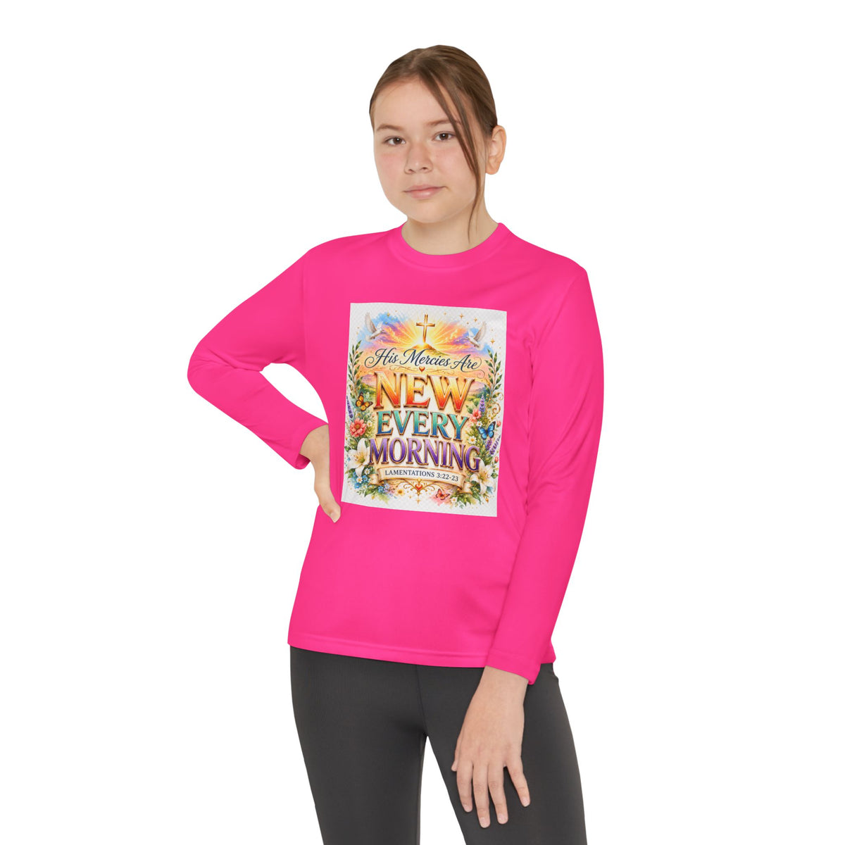 Christian Kids Long Sleeve T-Shirt – "His Mercies Are New Every Morning" Floral Inspirational Youth Tee