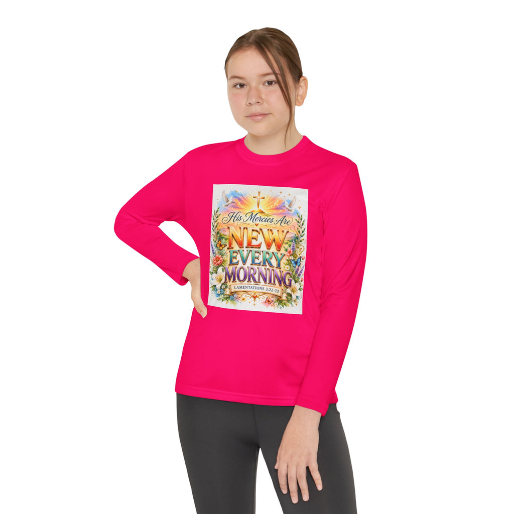 Christian Kids Long Sleeve T-Shirt – "His Mercies Are New Every Morning" Floral Inspirational Youth Tee