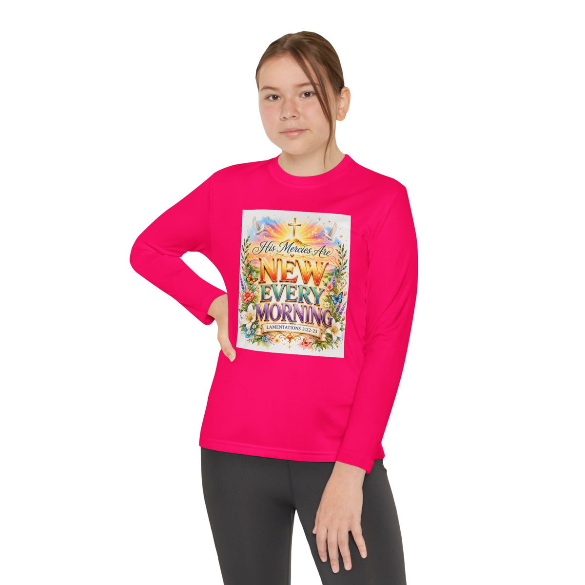 Christian Kids Long Sleeve T-Shirt – "His Mercies Are New Every Morning" Floral Inspirational Youth Tee