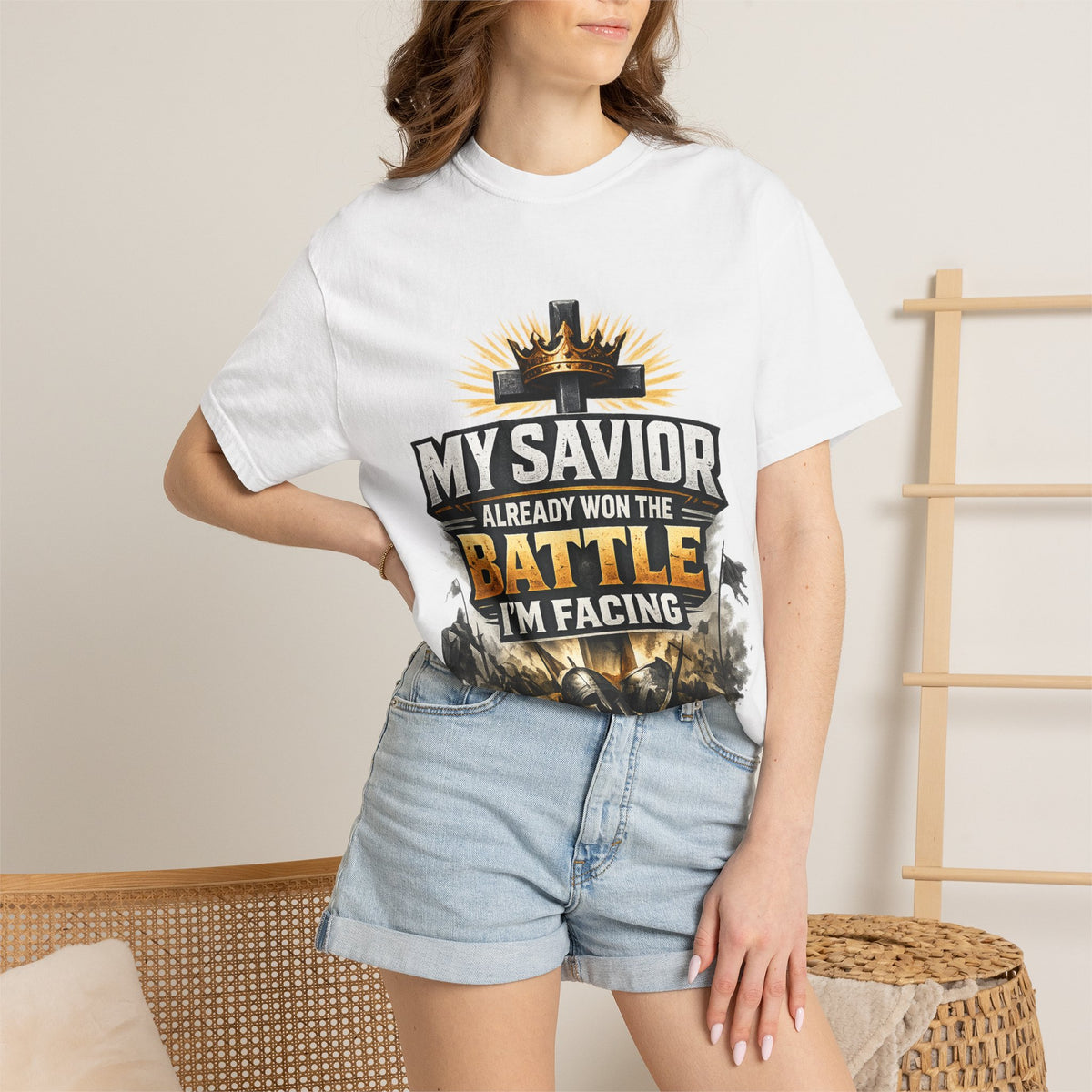 Christian Faith T-Shirt – "My Savior Already Won the Battle I'm Facing" Garment-Dyed Graphic Tee