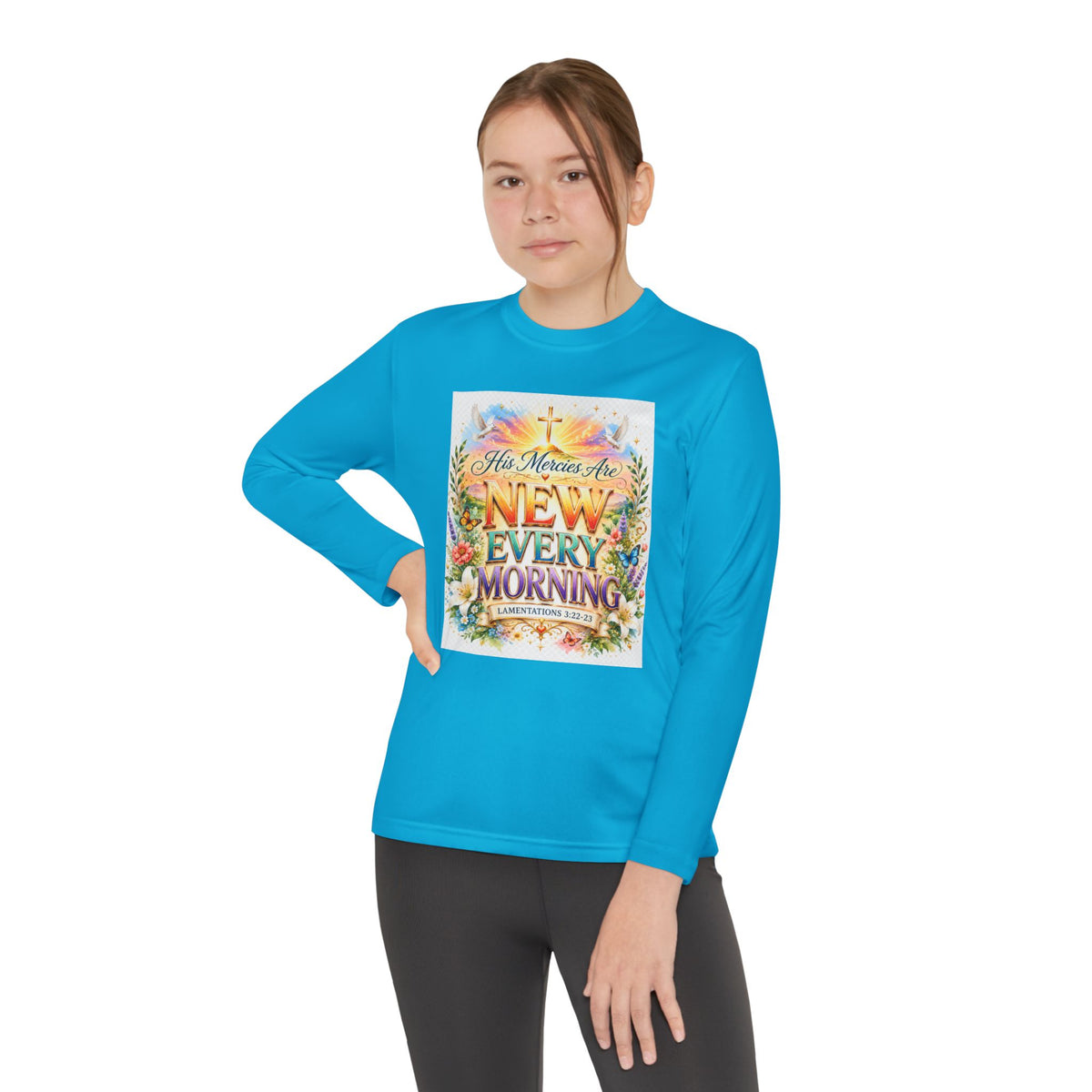 Christian Kids Long Sleeve T-Shirt – "His Mercies Are New Every Morning" Floral Inspirational Youth Tee