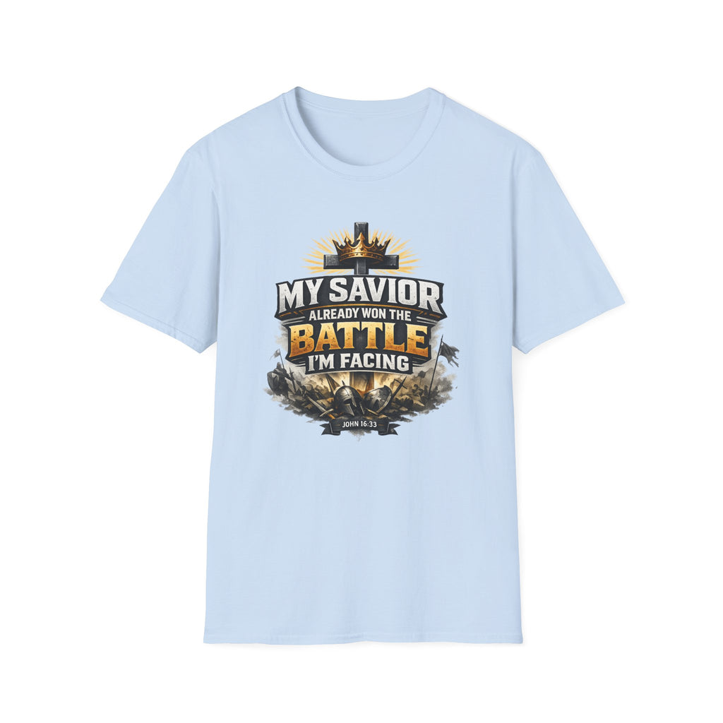 Christian Graphic T-Shirt – "My Savior Already Won the Battle I'm Facing" Faith Crest Tee