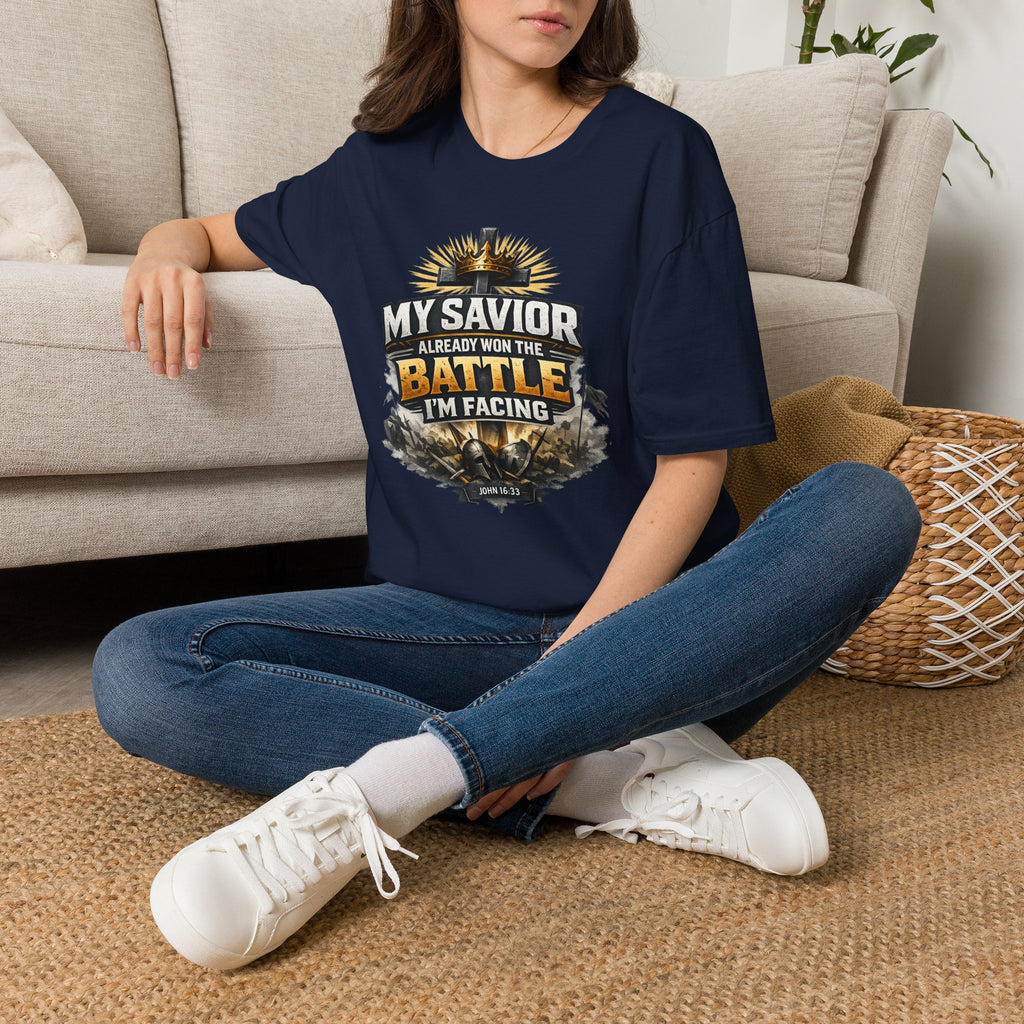 Christian Graphic T-Shirt – "My Savior Already Won the Battle I'm Facing" Faith Crest Tee