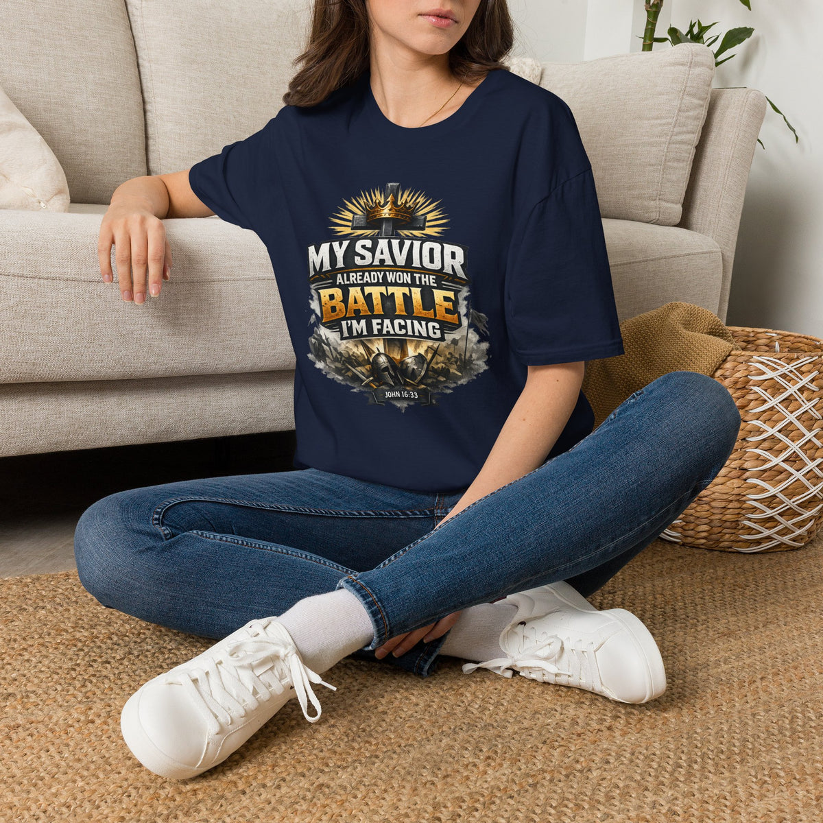 Christian Graphic T-Shirt – "My Savior Already Won the Battle I'm Facing" Faith Crest Tee