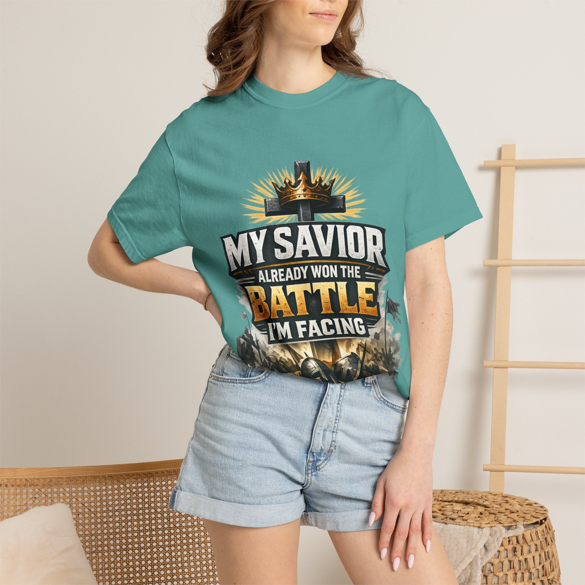 Christian Faith T-Shirt – "My Savior Already Won the Battle I'm Facing" Garment-Dyed Graphic Tee