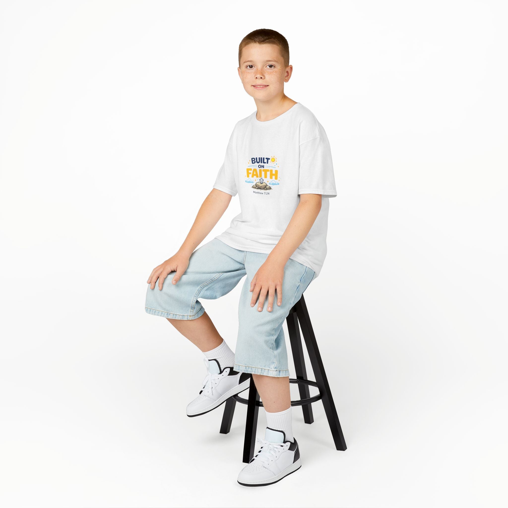 Kids T-Shirt — "Built on Faith" Christian Graphic Tee