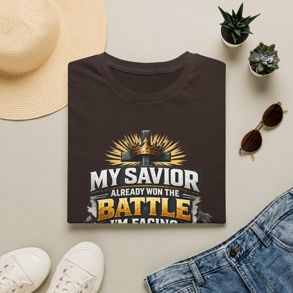 Christian Graphic T-Shirt – "My Savior Already Won the Battle I'm Facing" Faith Crest Tee