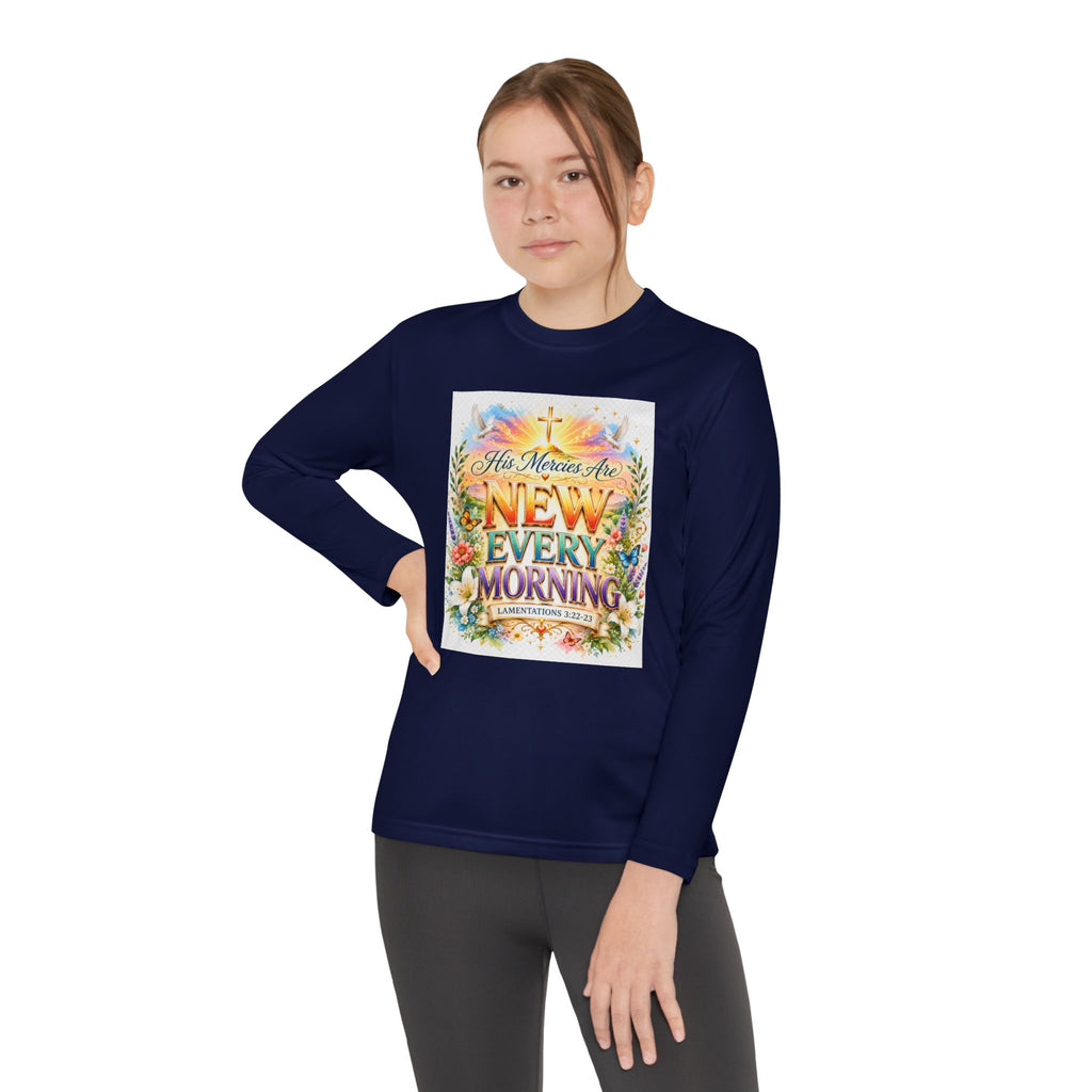 Christian Kids Long Sleeve T-Shirt – "His Mercies Are New Every Morning" Floral Inspirational Youth Tee