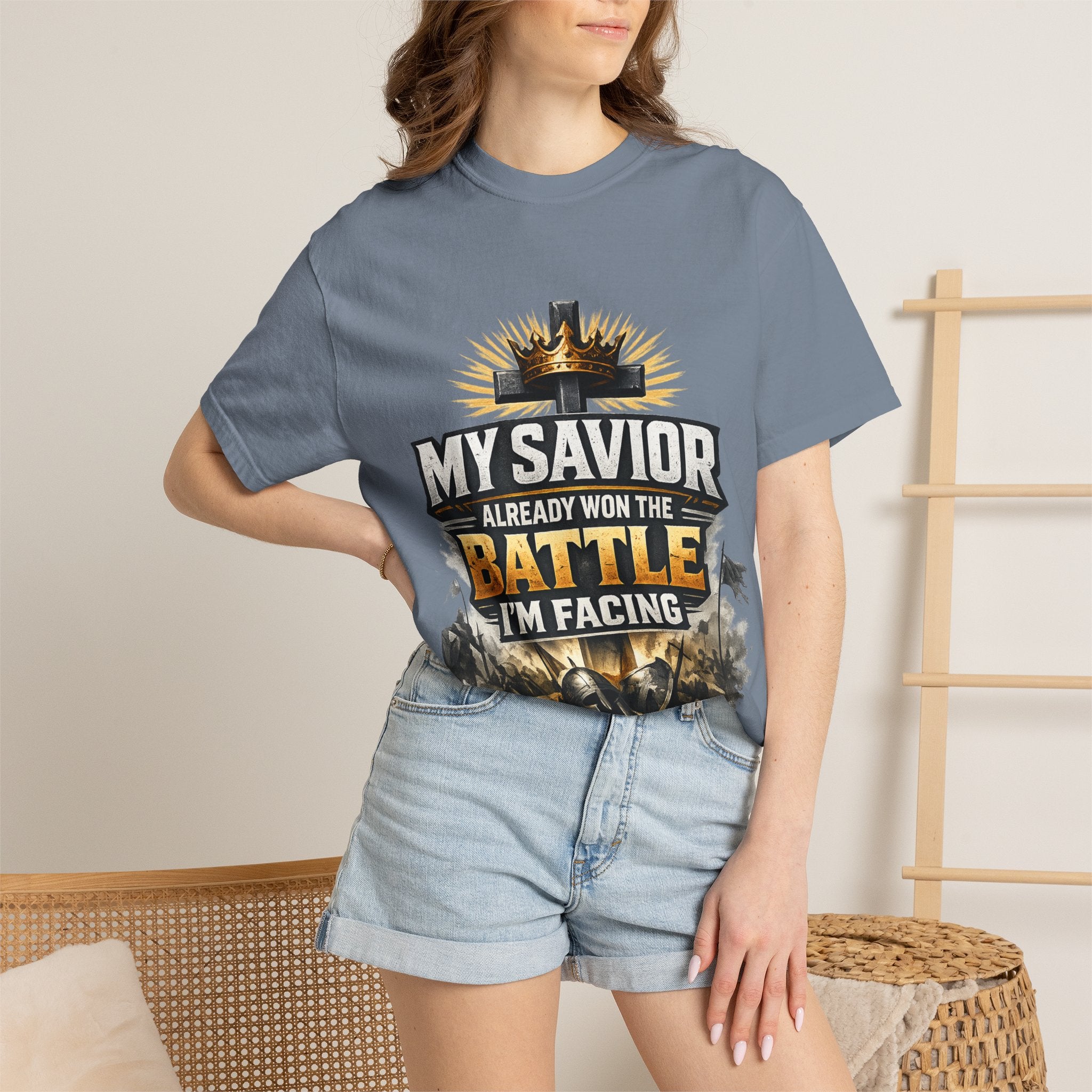Christian Faith T-Shirt – "My Savior Already Won the Battle I'm Facing" Garment-Dyed Graphic Tee