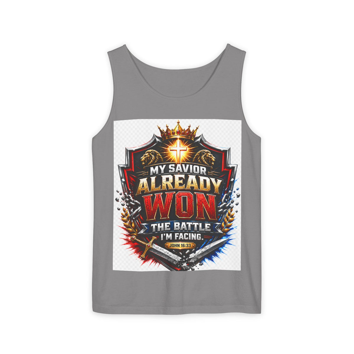 Christian Faith Tank Top — "My Savior Already Won the Battle I'm Facing" Graphic