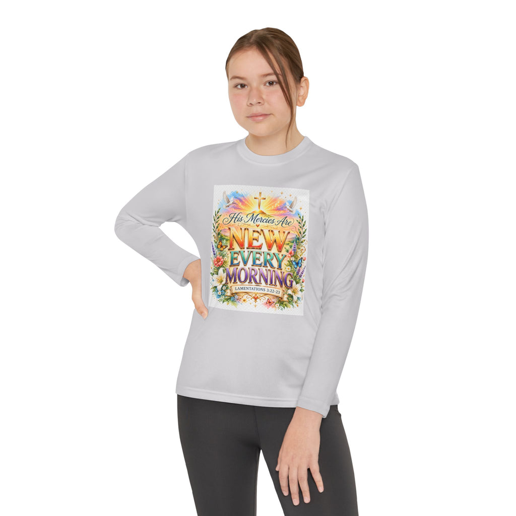 Christian Kids Long Sleeve T-Shirt – "His Mercies Are New Every Morning" Floral Inspirational Youth Tee