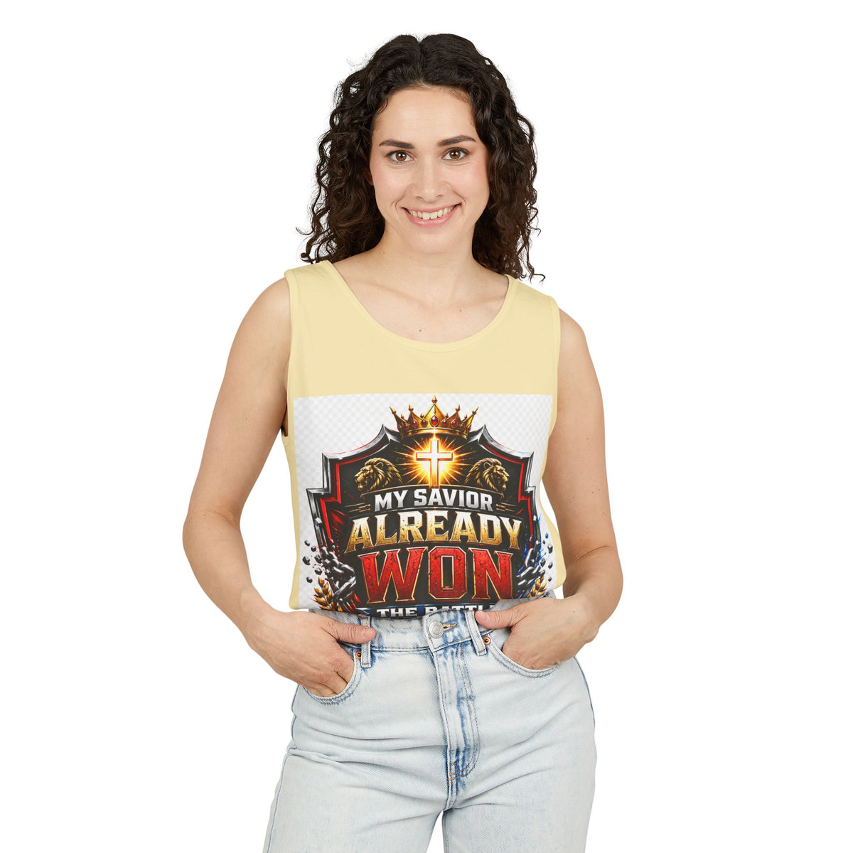 Christian Faith Tank Top — "My Savior Already Won the Battle I'm Facing" Graphic