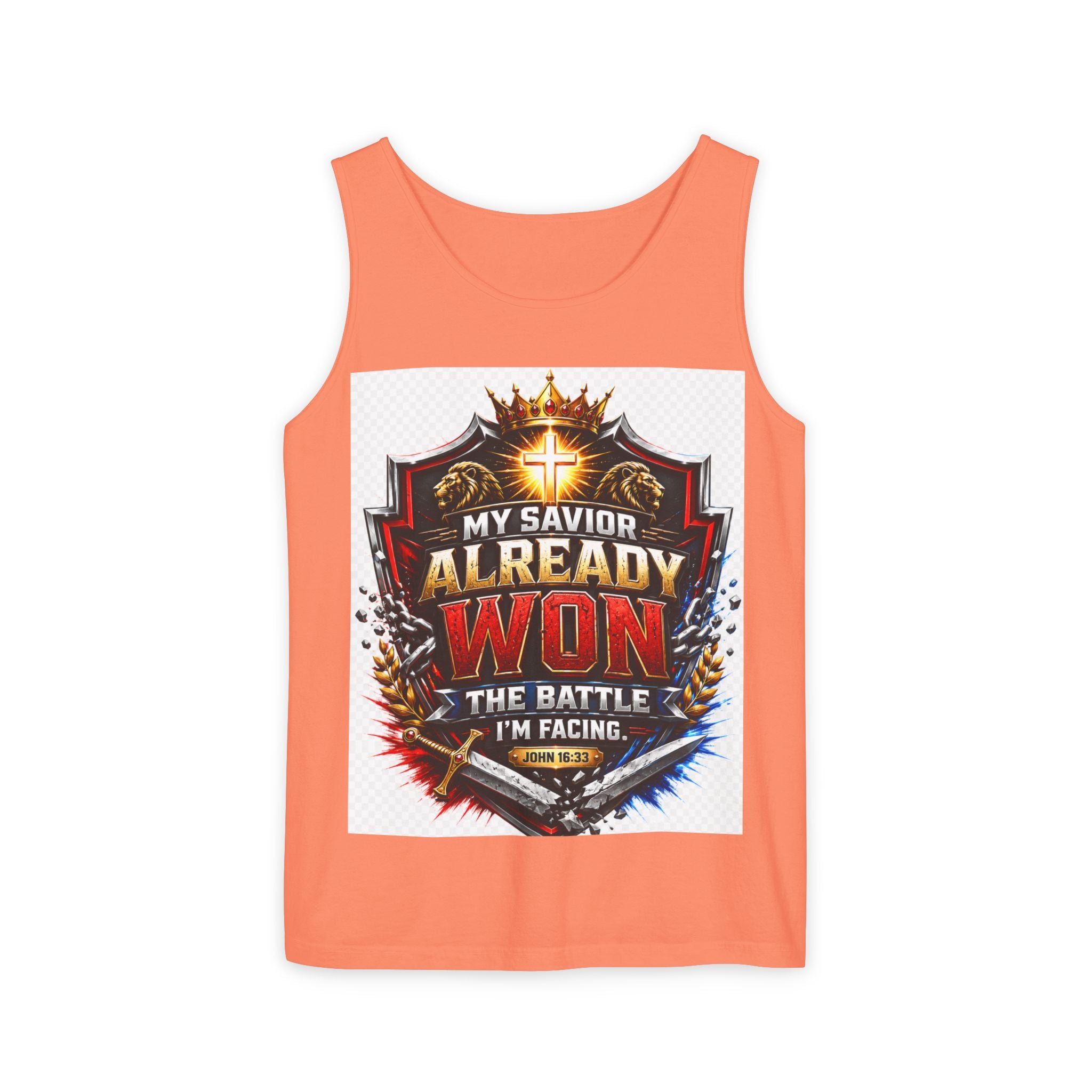 Christian Faith Tank Top — "My Savior Already Won the Battle I'm Facing" Graphic