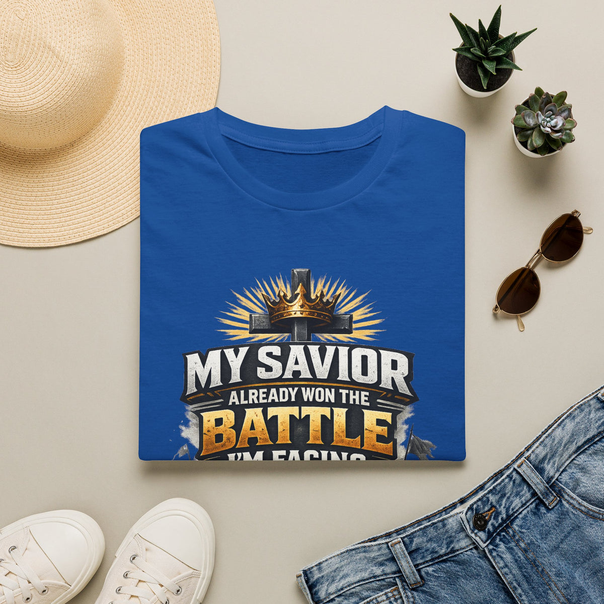 Christian Graphic T-Shirt – "My Savior Already Won the Battle I'm Facing" Faith Crest Tee