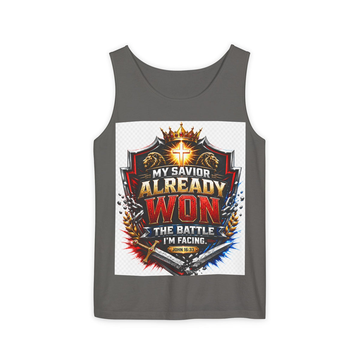 Christian Faith Tank Top — "My Savior Already Won the Battle I'm Facing" Graphic