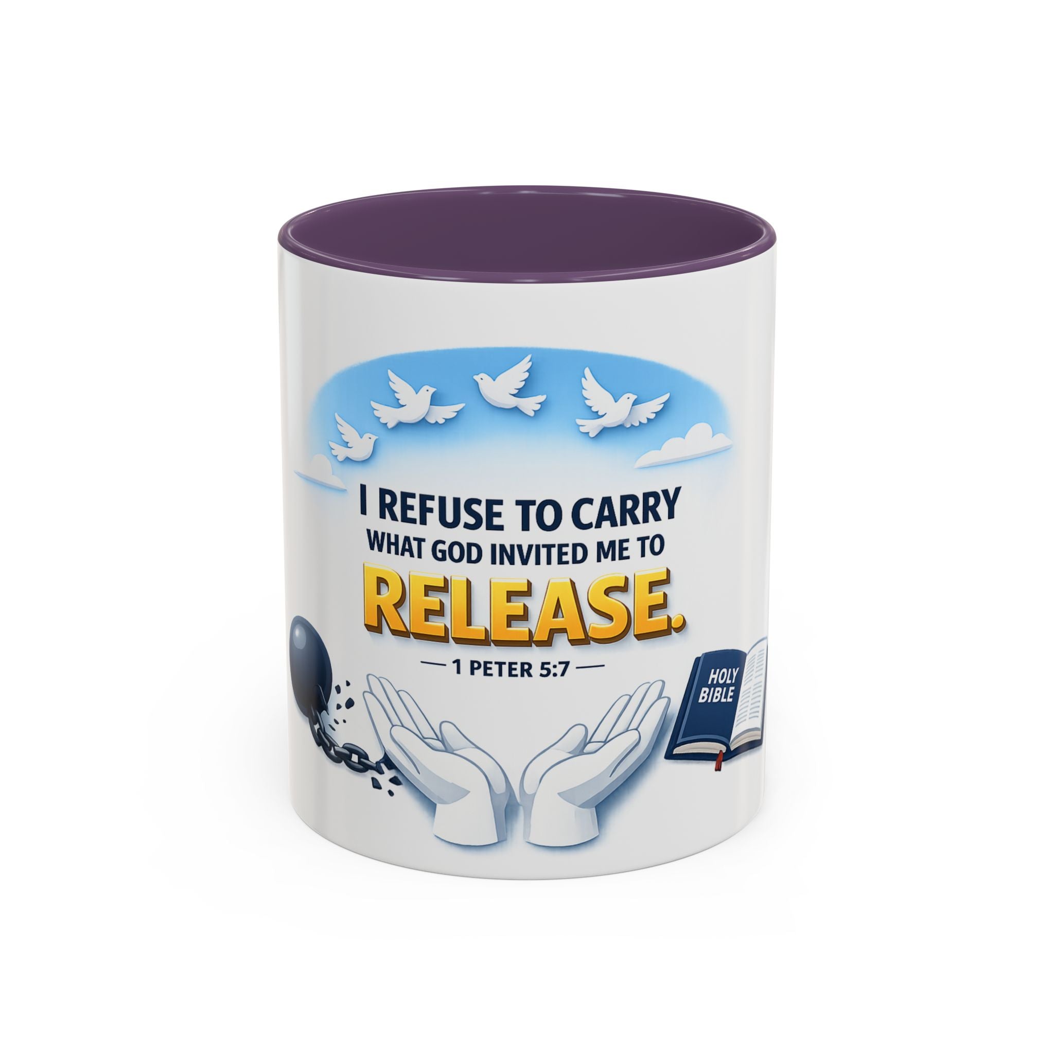 Christian Bible Verse Accent Mug – "Cast Your Burdens" 1 Peter 5:7 Inspirational Coffee Cup (11oz & 15oz)