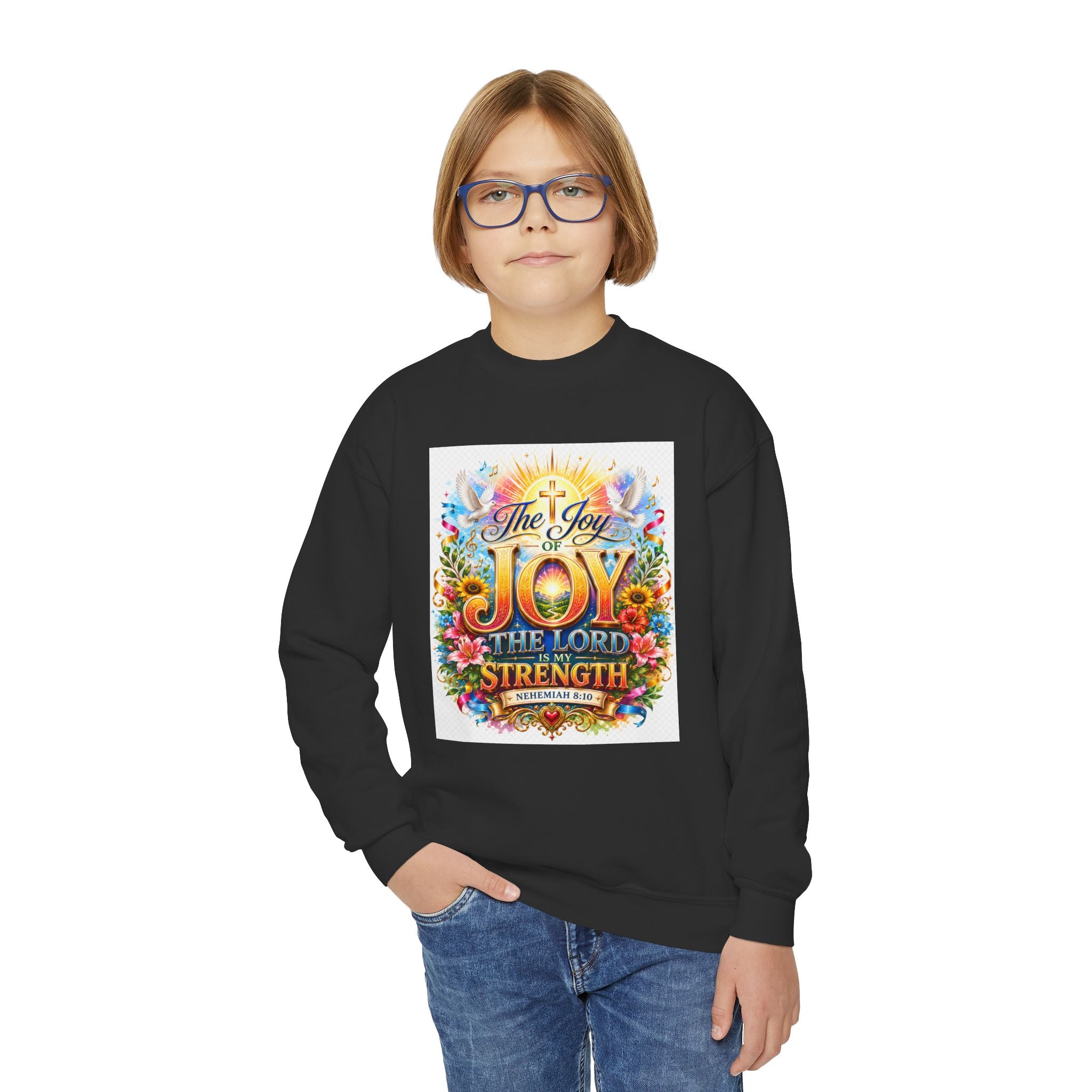 Christian Kids Crewneck Sweatshirt – "The Joy of the Lord Is My Strength" Colorful Floral Faith Pullover