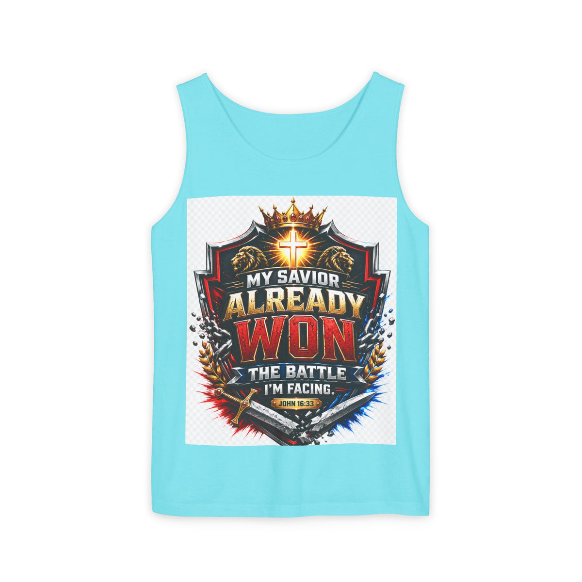 Christian Faith Tank Top — "My Savior Already Won the Battle I'm Facing" Graphic