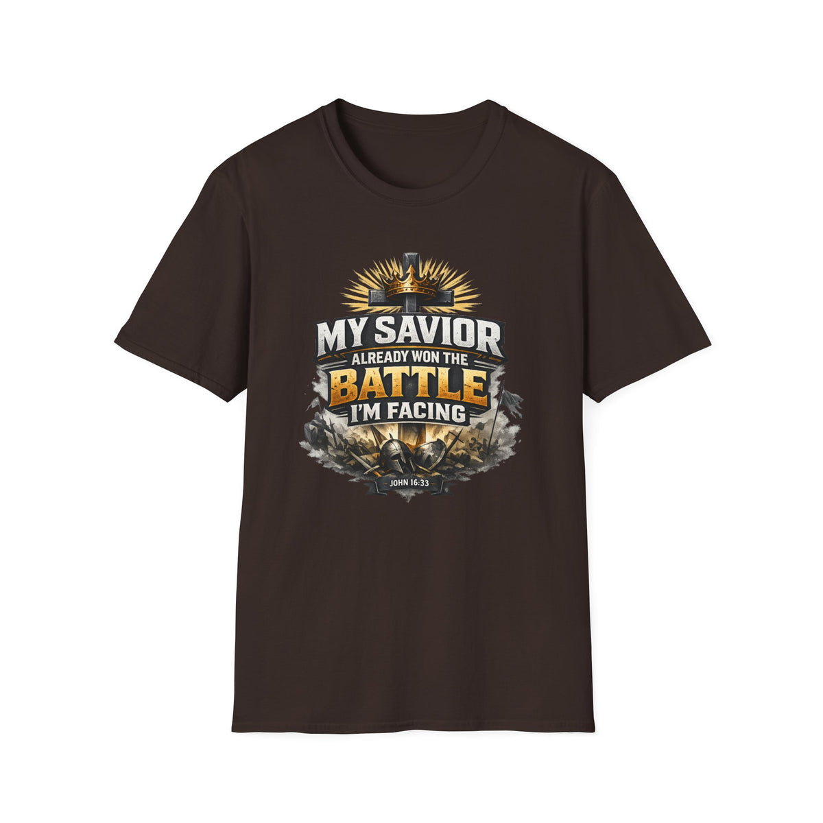 Christian Graphic T-Shirt – "My Savior Already Won the Battle I'm Facing" Faith Crest Tee
