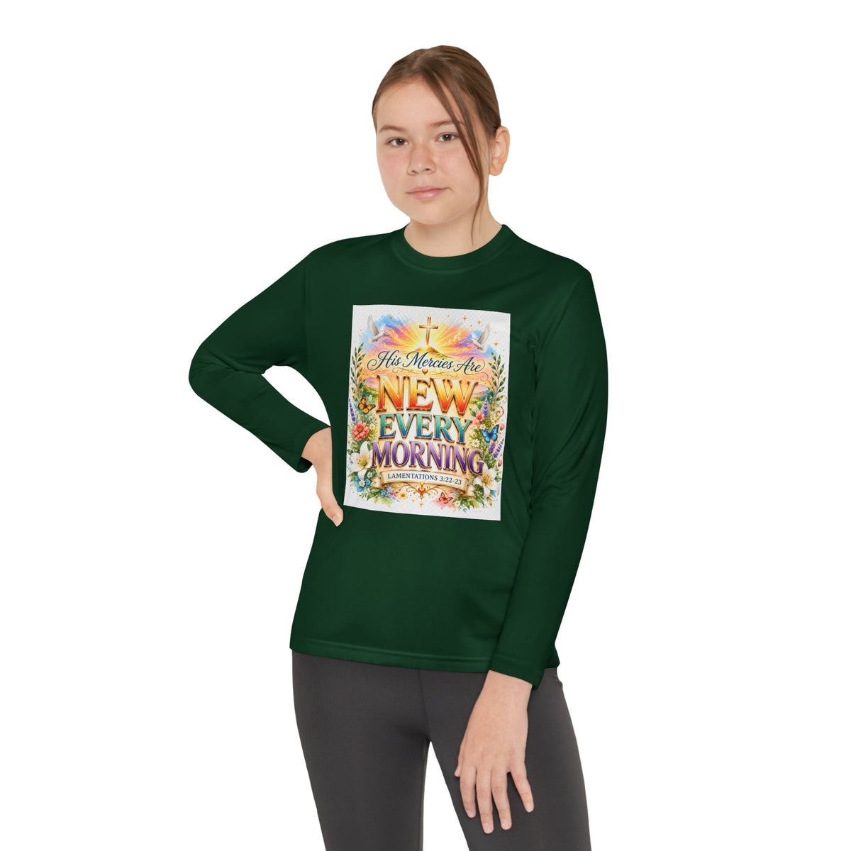 Christian Kids Long Sleeve T-Shirt – "His Mercies Are New Every Morning" Floral Inspirational Youth Tee